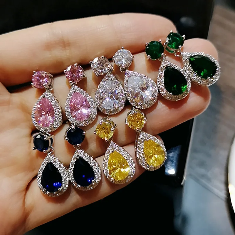 Yellow AAA Cubic Zirconia Classic Big Drop Crystal 925 Silver Needle Earring Luxury Bridal Wedding Earrings for Women Stamp