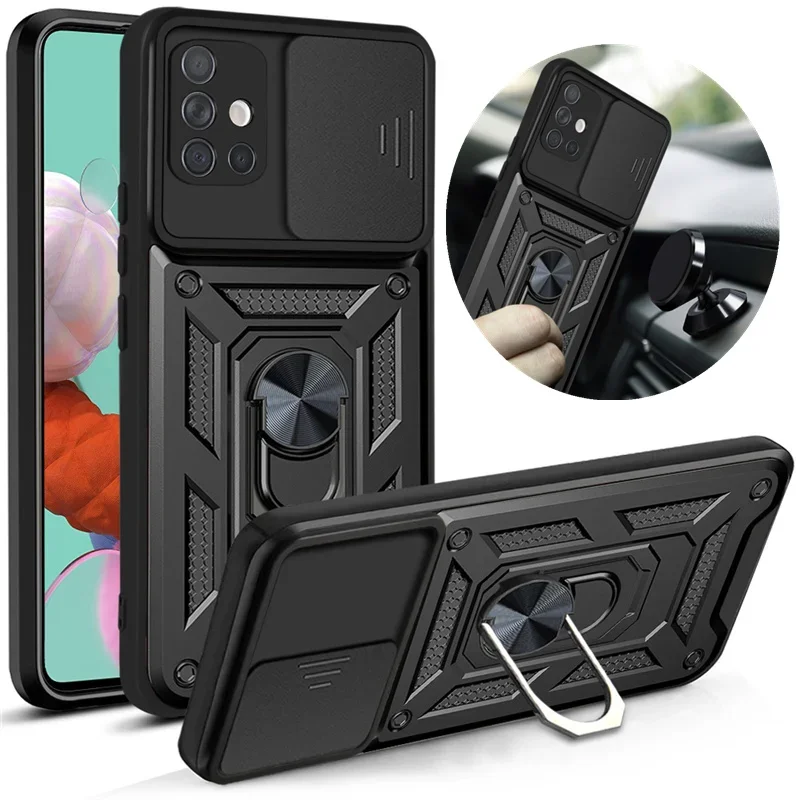 

Armor shockproof case for Samsung Galaxy A11 A31 A51 A71 M11 M51 a21s car magnetic ring stand push pull camera protect cover