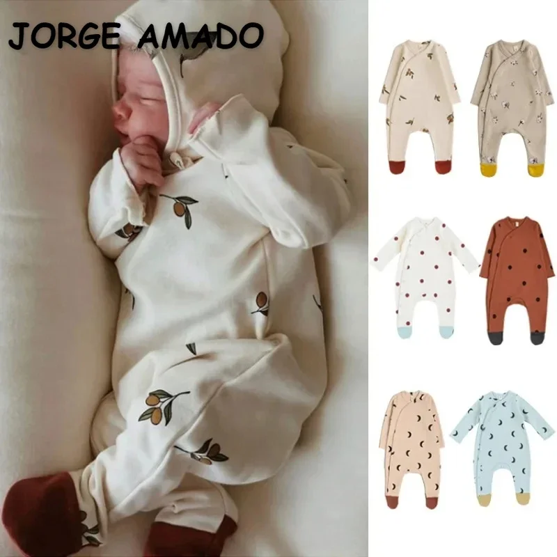 New Spring Autumn Baby Girl Boy Rompers Cute Print Soft Long Sleeveless Footies Jumpsuit with Cap Newborn Cotton Clothing H21404