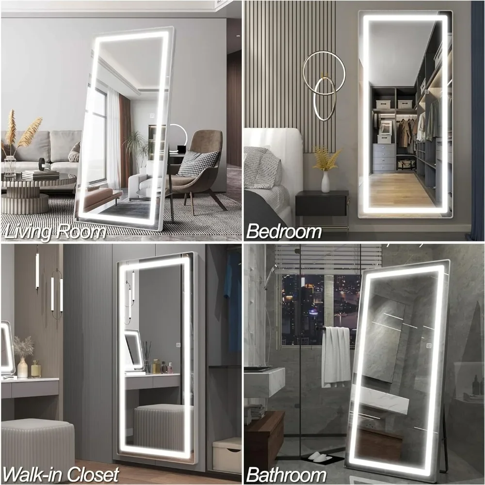 Full Length Mirror With Lights, Free Standing Lighted Floor Mirror, Wall Mounted Hanging Mirror ， LED Full Body Mirror