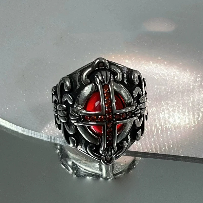 Trendy Thai Silver Dark Punk Jewelry Red Zircon Cross Ring Unique Design High-End Open Size Finger Rings For Men KOFSAC