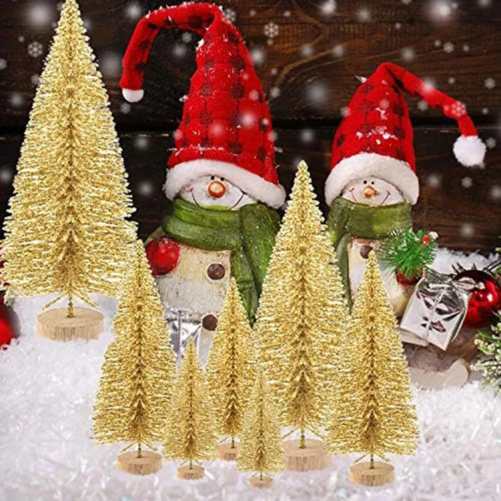 10pcs Mini Sisal Snow Frost Christmas Trees Winter Snow Ornaments Tabletop Trees Golden Mini Decorative Christmas Tree Ornament