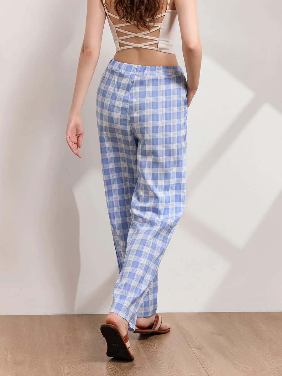 Women Plaids Lounge Pants Elastic Waist Drawstring Loose Long Trousers for Home Sleepwear Daily Bottoms