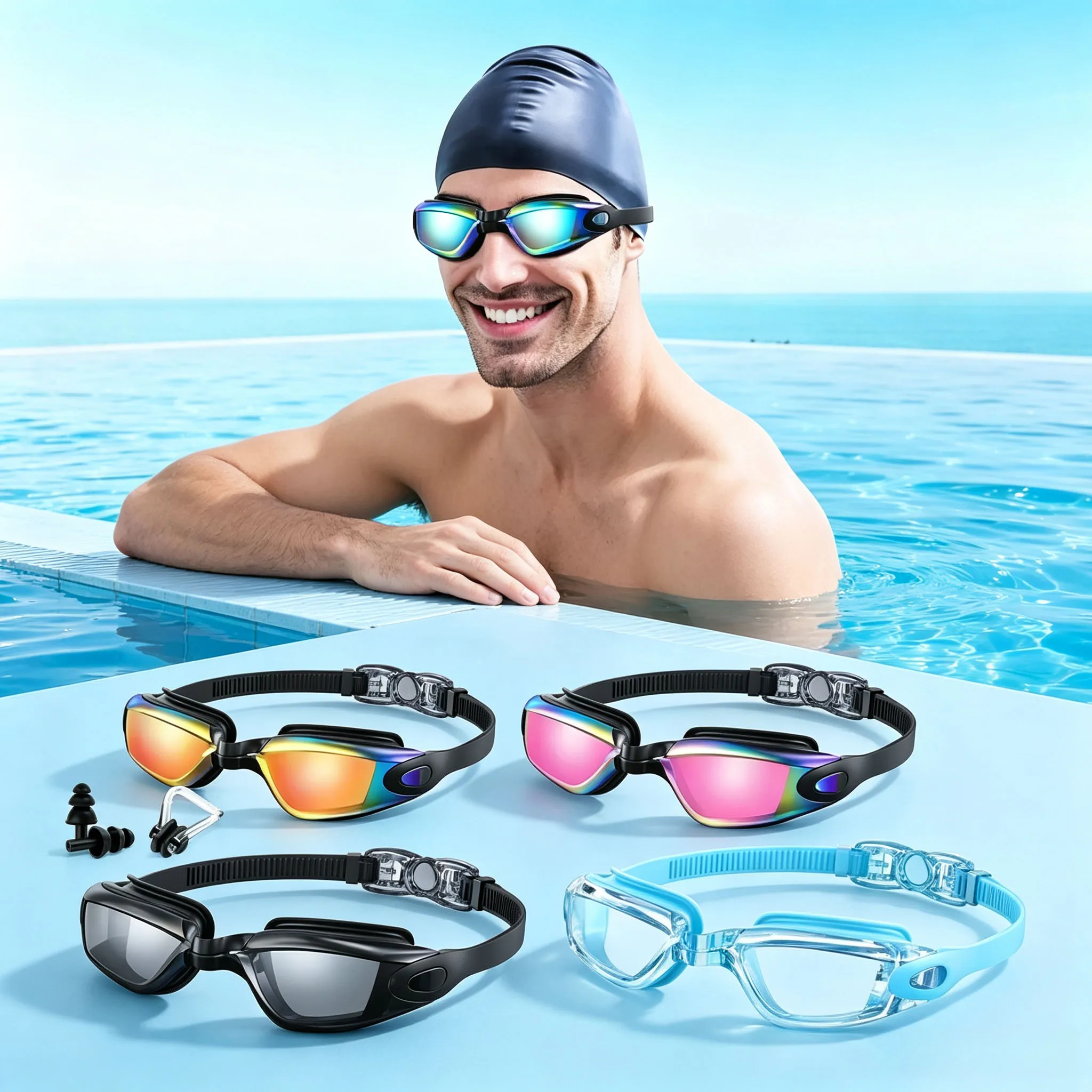 Professionelle Schwimmbrille für Herren und Damen, beschlagfrei, UV-Schutz, wasserdichte Schwimmbrille, Schwimmbrille mit Nasenklammer und Ohrstöpseln