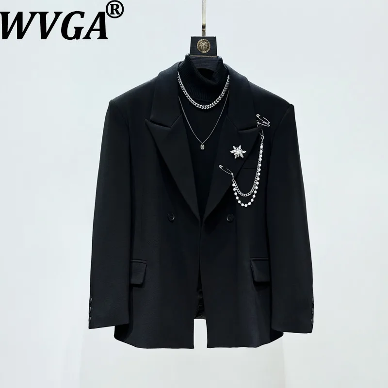 WVGA Spring Autumn New Men Tide Pearl Chain Darkwear Suit Jacket Niche Chic Casual Long Sleeve Shoulder Padded Blazer Ins W17376