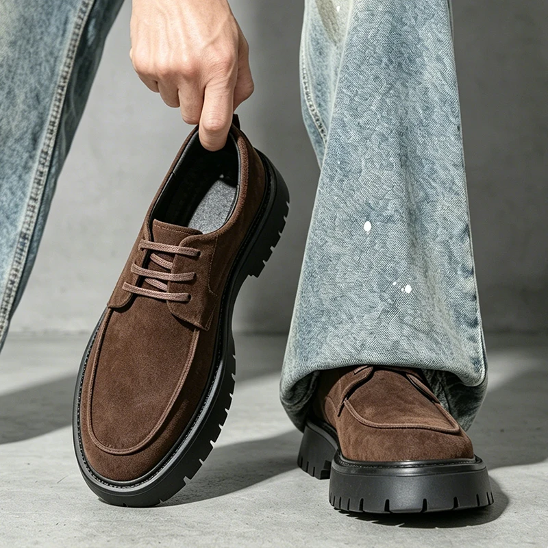 Vintage Men's Big Head Oxford Shoes Matte Suede Leather Platform Shoes Height Increasing Casual Work Shoes For Men Black Brown