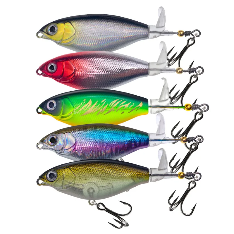 5pcs/box Topwater Fishing Lure 10g Whopper Popper Wobbler Artificial Hard Bait Bass Popper Soft Rotating Tail Fishing Tackle