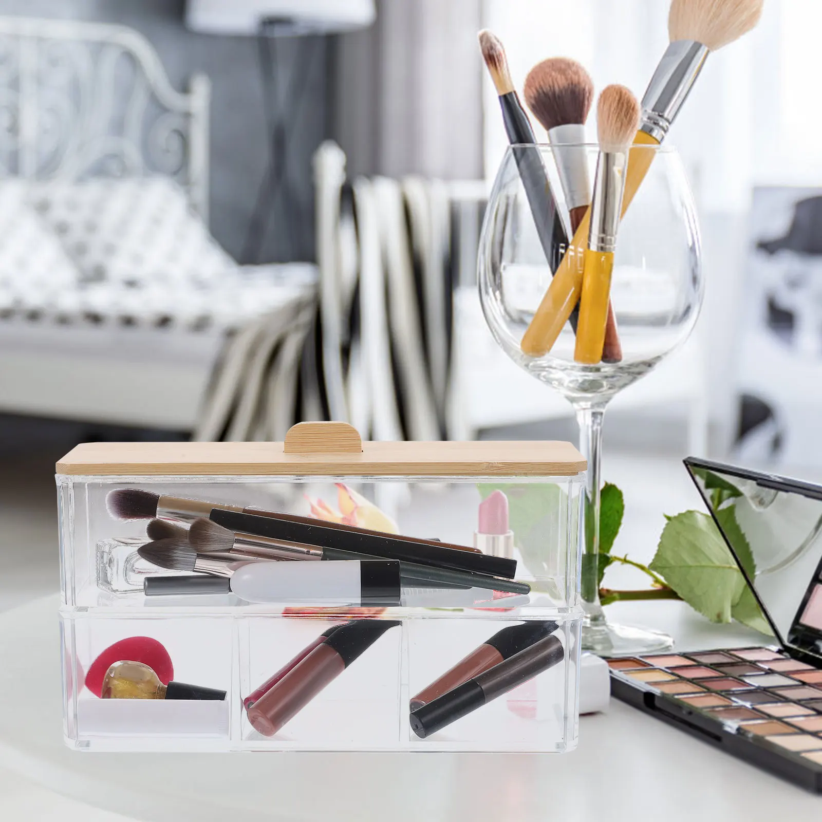 

Storage Box Acrylic Bamboo Lid Clear Compartment Anti Dust Cotton Swab Holder Pad Ball Case Swabs Organizer
