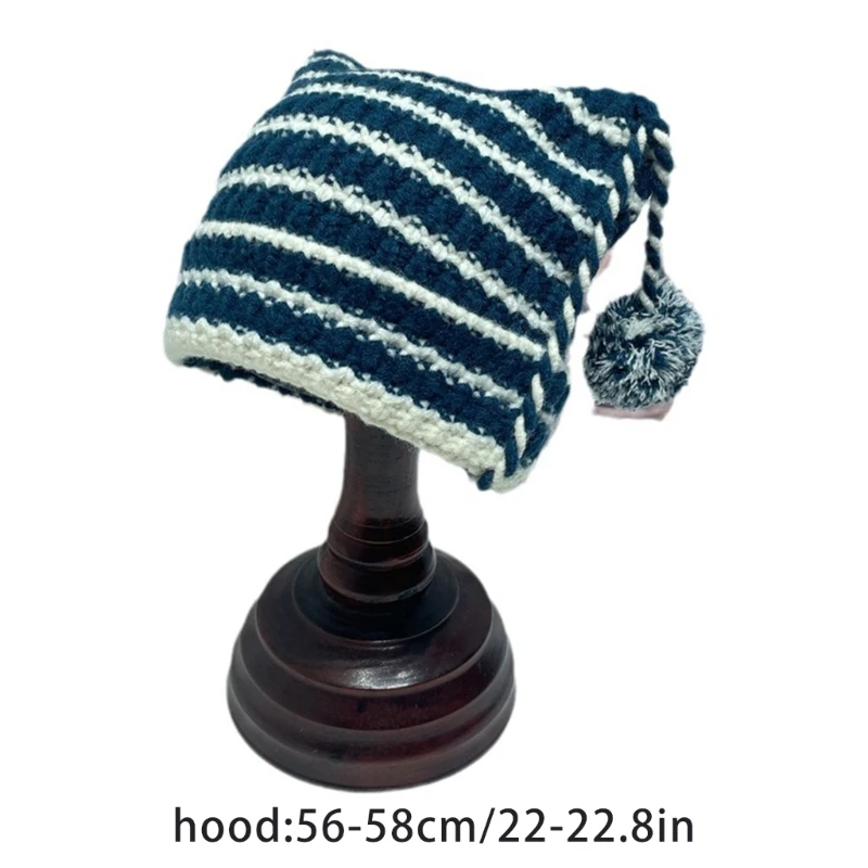 Y1UB Knit Stripe Pattern Ear Hat Elastic Windproof Hat with Pompoms Decor Ear Protector Hat Winter Cycling Skiing Hat