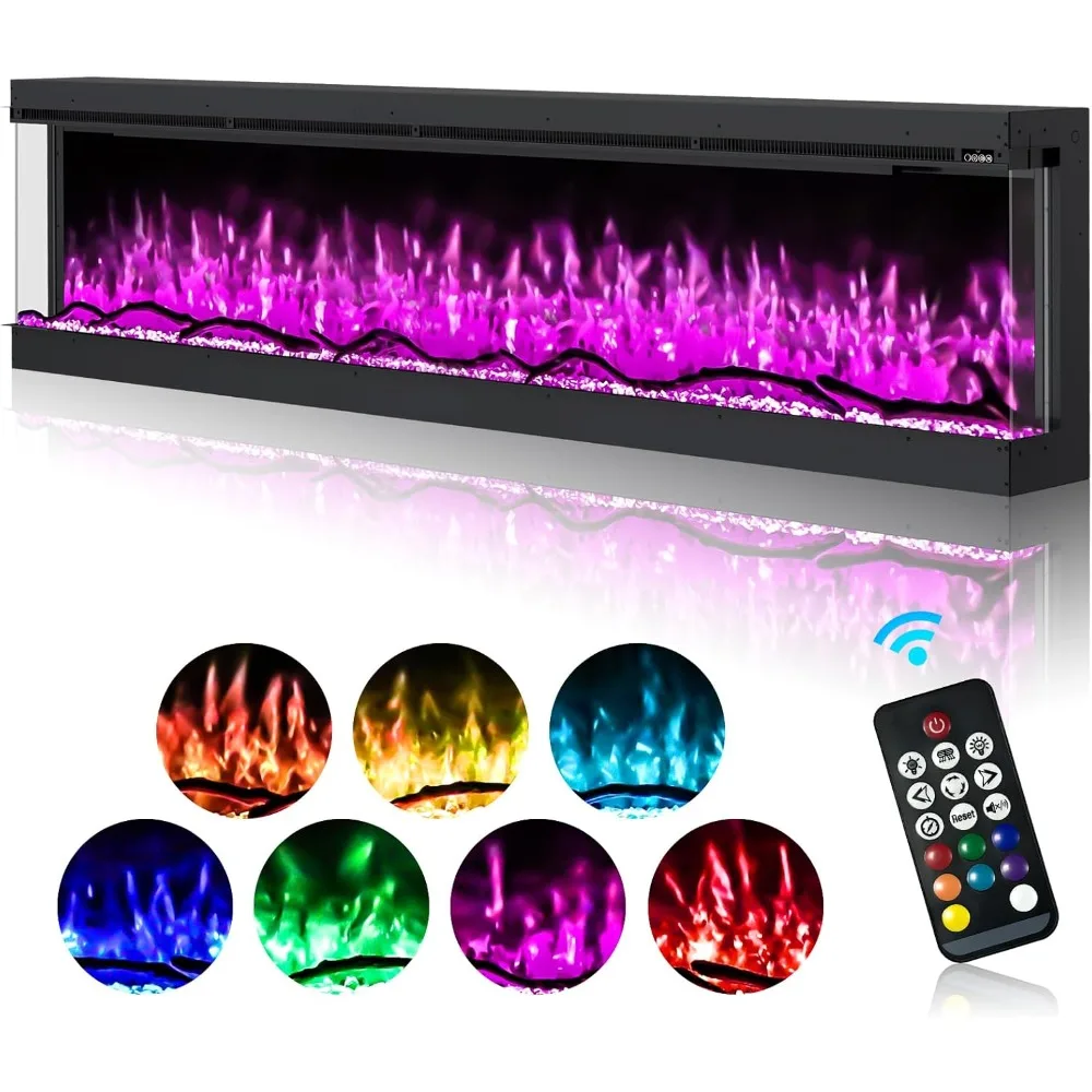 

3 Sided Electric Fireplace Inserts, 80 inch Eletric Fire Place Heater, Modern Built in Wall Fireplace with Realistic Led Flame