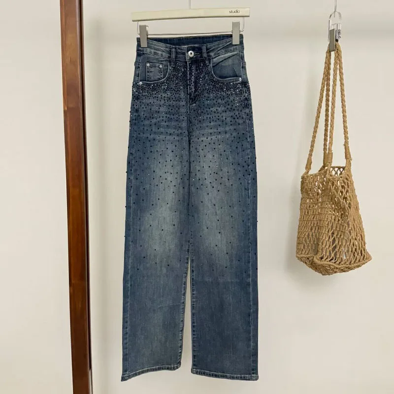 

Новые женские джинсы с высокой талией и прямым кроем, облегающие, с вышивкой букв и стразами, весна-лето