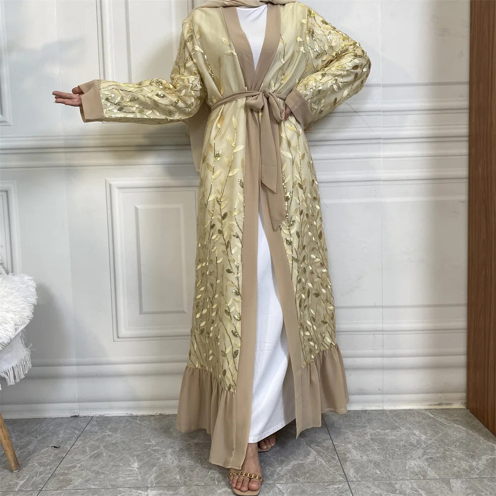 Eid ramadan lantejoulas bordado renda aberta quimono cardigan abaya muçulmano vestidos femininos turquia dubai kaftan robe árabe islam jalabiya