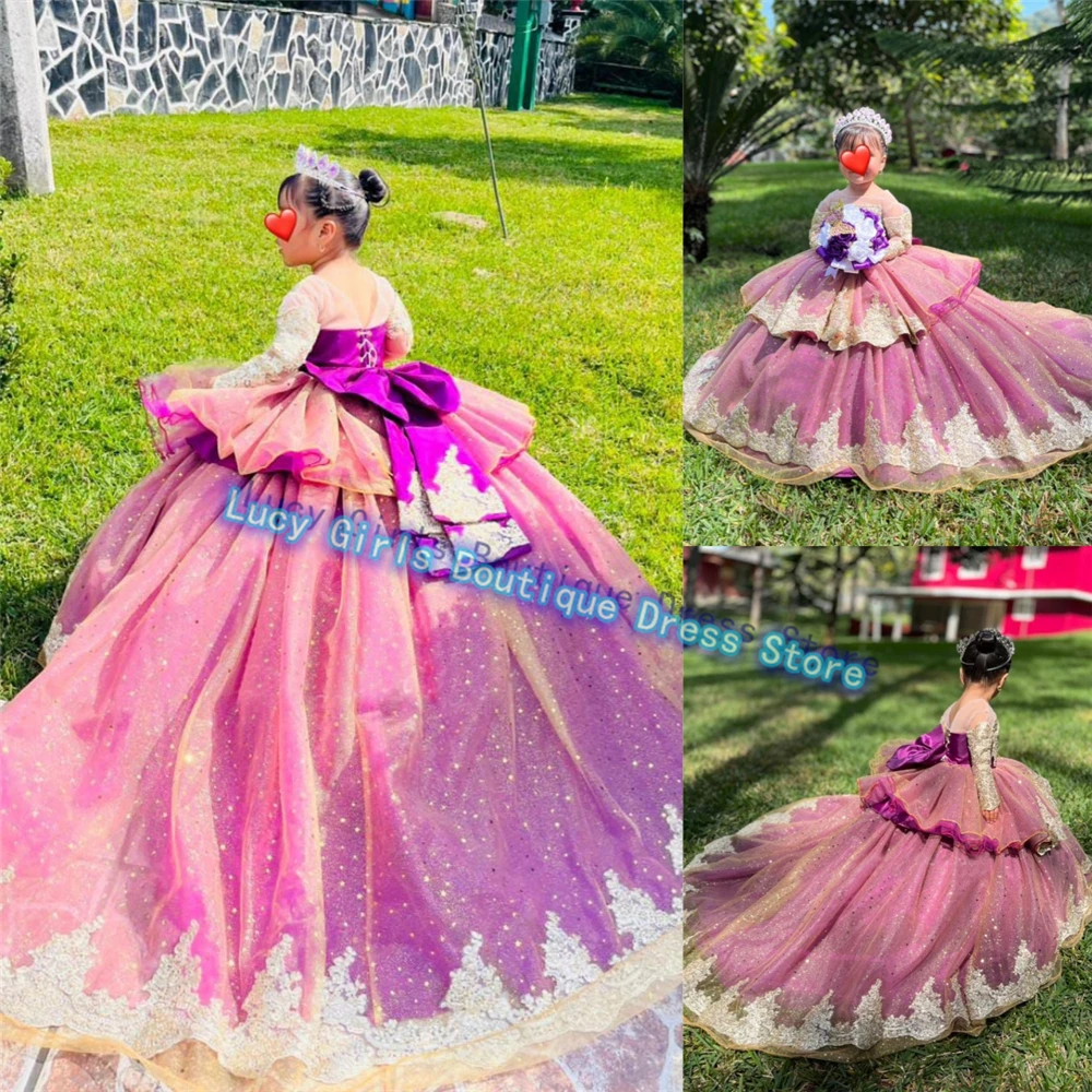 

Gorgeous Pink Flower Girl Dress Tulle Fluffy With Gold Applique For Wedding Ball Dresses Kids Birthday Party Evening Gowns