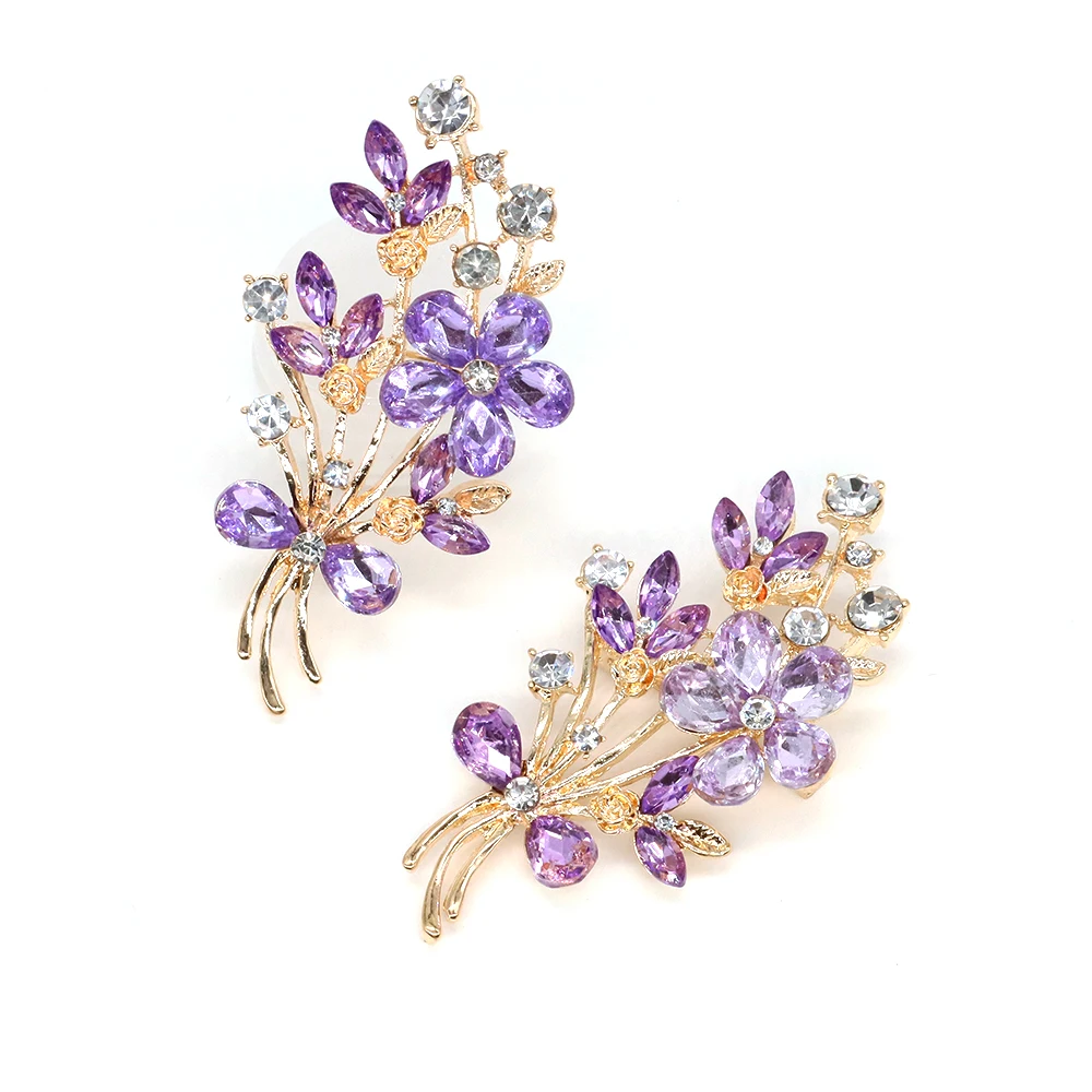 Purple Rinestone Flower Brooches Lady Elegant Enamel Plant Design Bouquet Pin Casual Clothes Office Party Jewelry Accessories