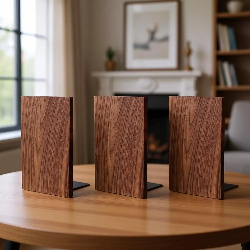 

Set of 3 Handcrafted Walnut Non-Skid Bookends for Large, Heavy Books - Decorative Shelves