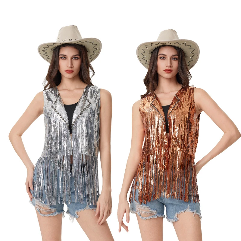 

Western Fringe Vest for Women Sequin Open Front Cardigan Spring Summer Oversized Collarless Cowgirl Fashion Streetwear Top