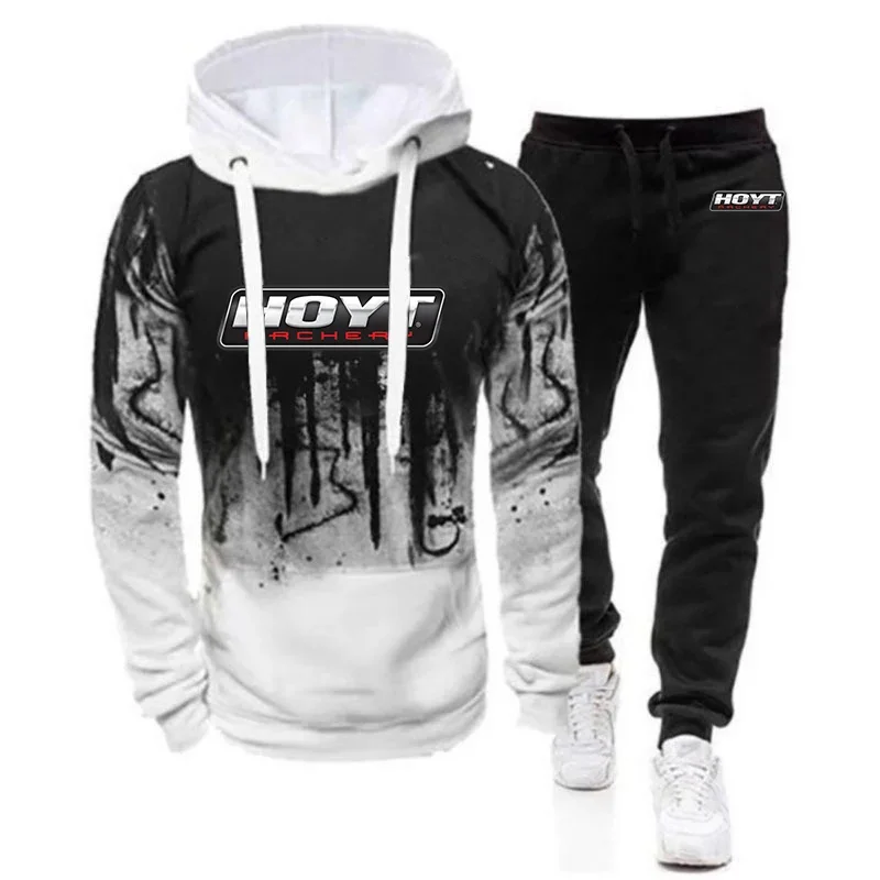 2024 Hoyt Tiro con l'arco Logo Stampa Primavera Autunno Sfumatura di colore da uomo con cappuccio Tuta con cappuccio + Pantaloni sportivi da corsa casual Set popolari