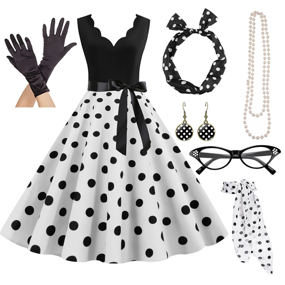 7pcs/set Women A-line Rockabilly Dress with Accessories Set Polka Dots Swing Dress 1950s 60s Retro Vintage Cocktail Party Dress