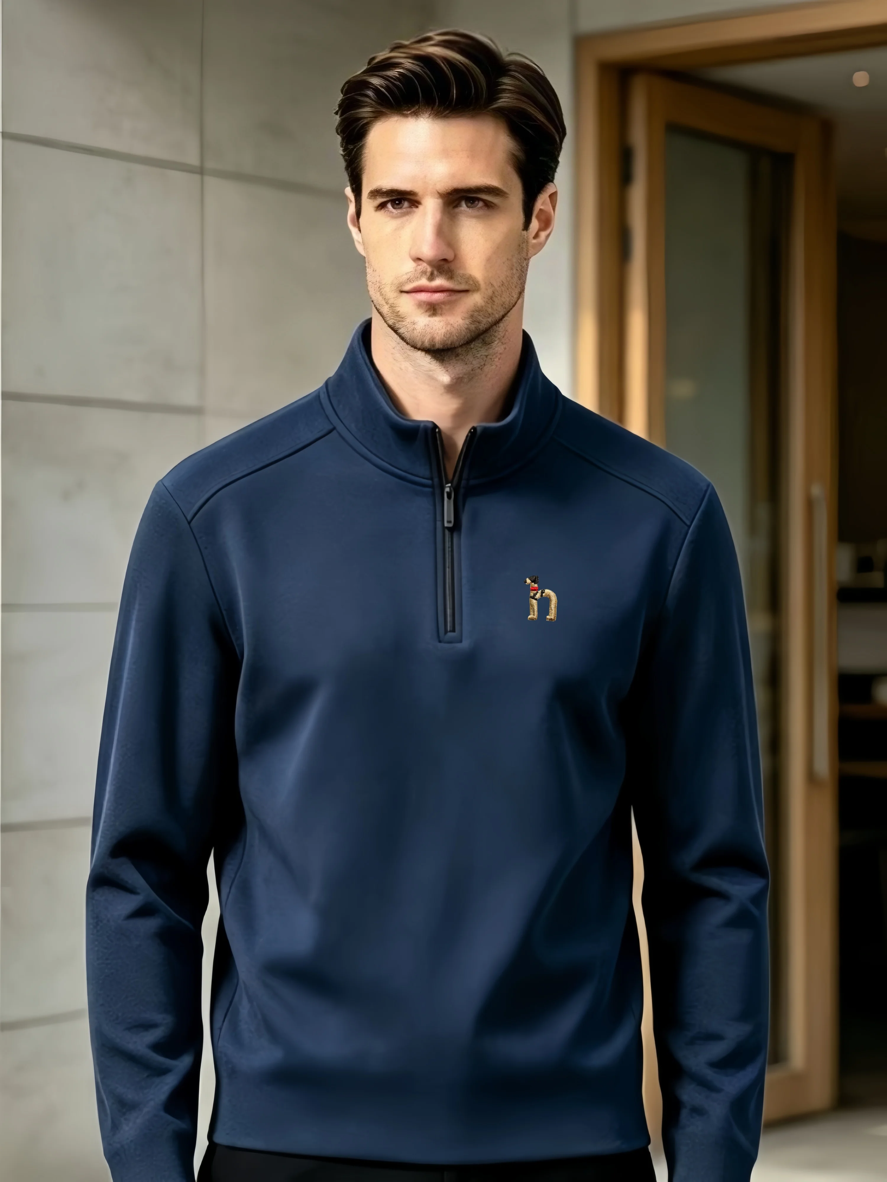 2026 Fashion Autumn Comfortable New Double sided Velvet Warm Long Sleeve Korean Edition Dog Embroidery Men's Half Zipper T-shirt