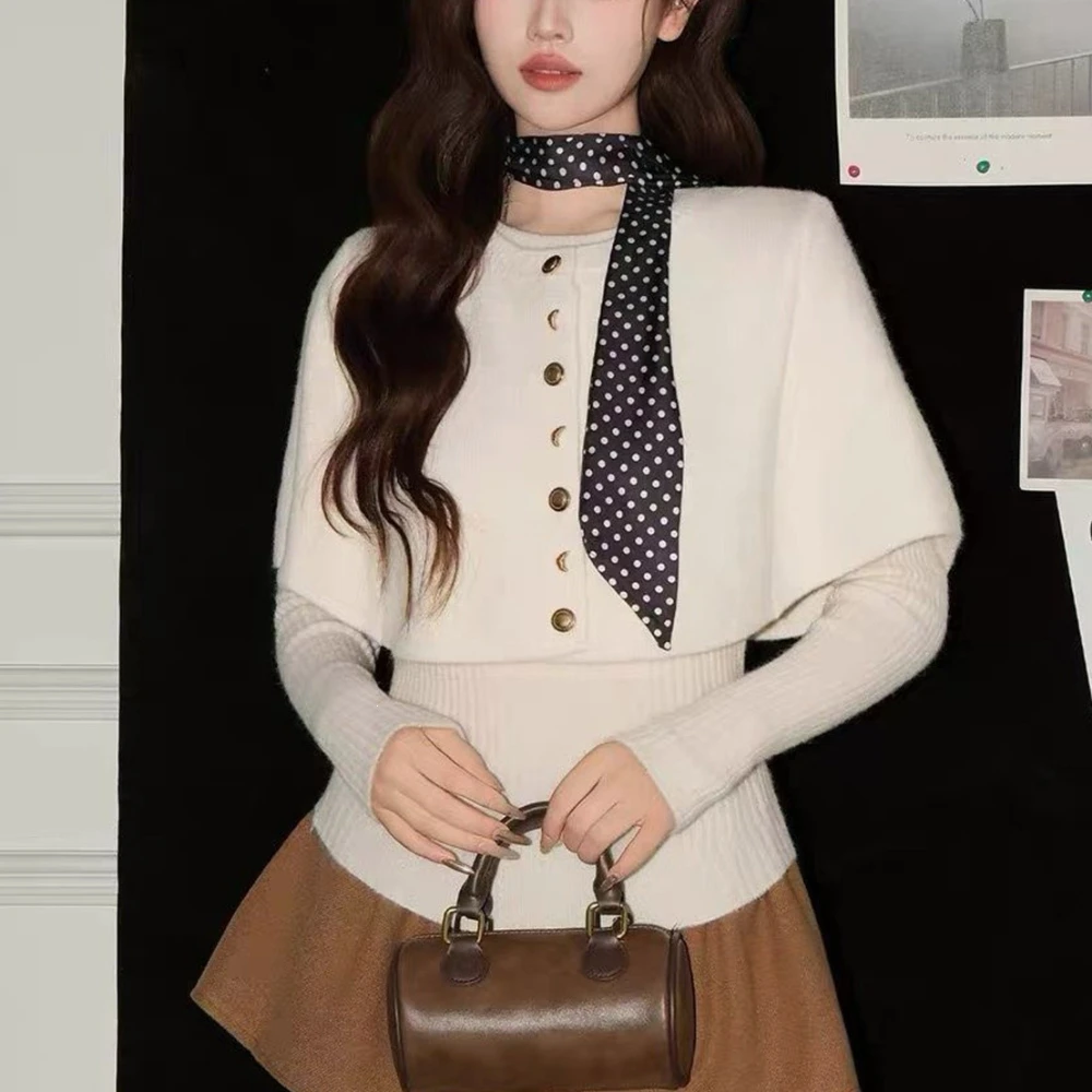 Elegant Two Piece Set Knit Pullover Sweater and Cape Women's Cozy Warm Relaxed Fit Everyday Basic Casual Fall Fashion Knitwear