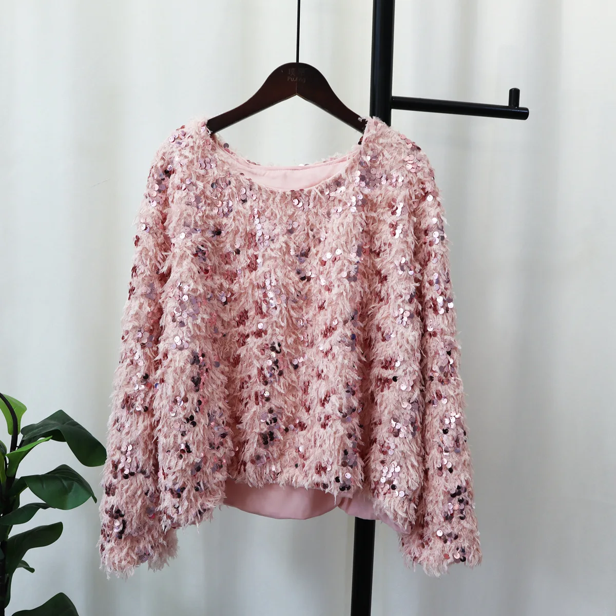 Pink Fur Long Sleeve Fluffy Top Autumn Winter Sequin 2023 Loose Knitted Sweaters Women Spring Tops Elegant Jumpers Knit Pullover