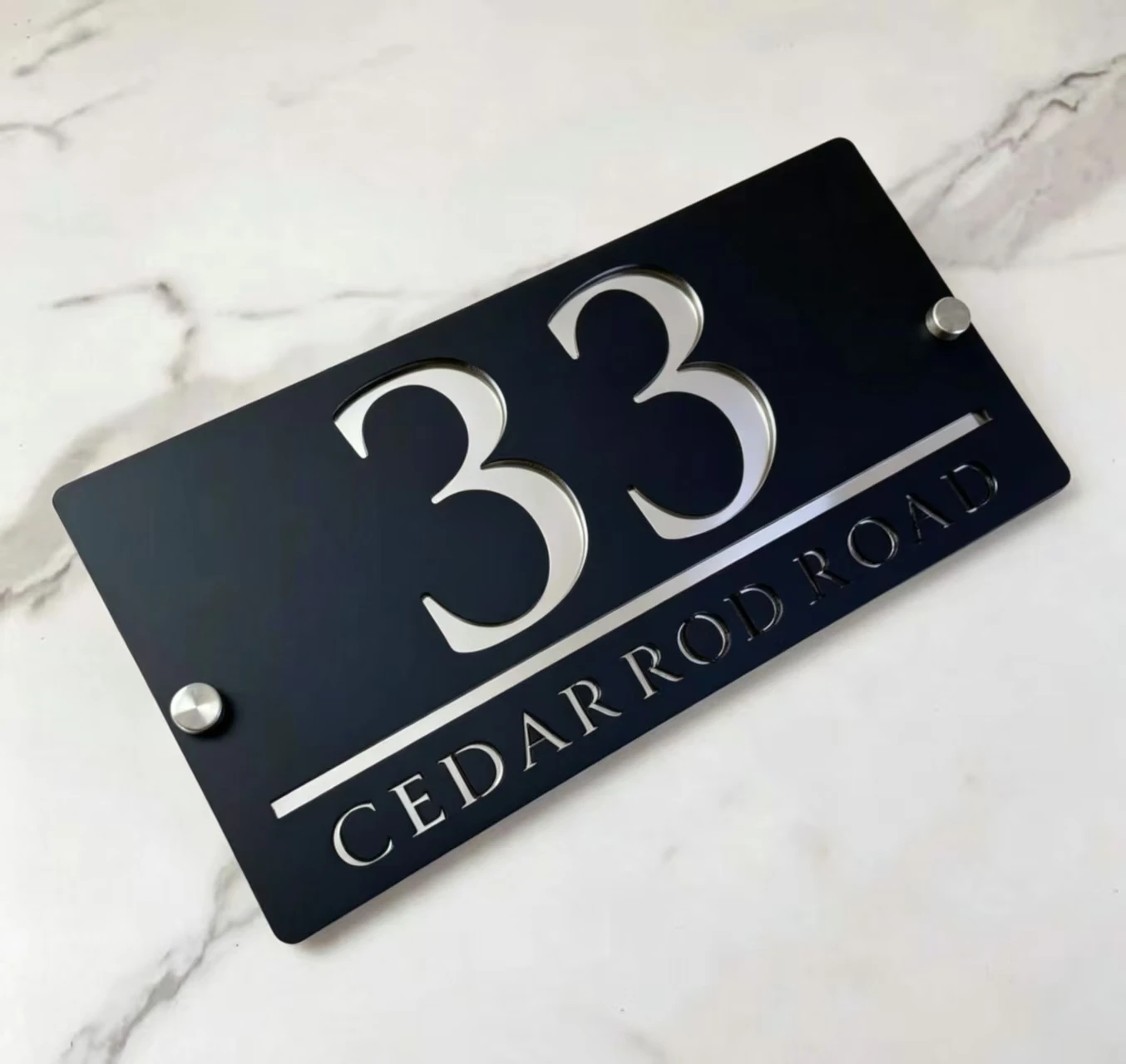 

Modern font personalized custom laser-cut acrylic nameplate, door number, for outdoor use, address name plaque