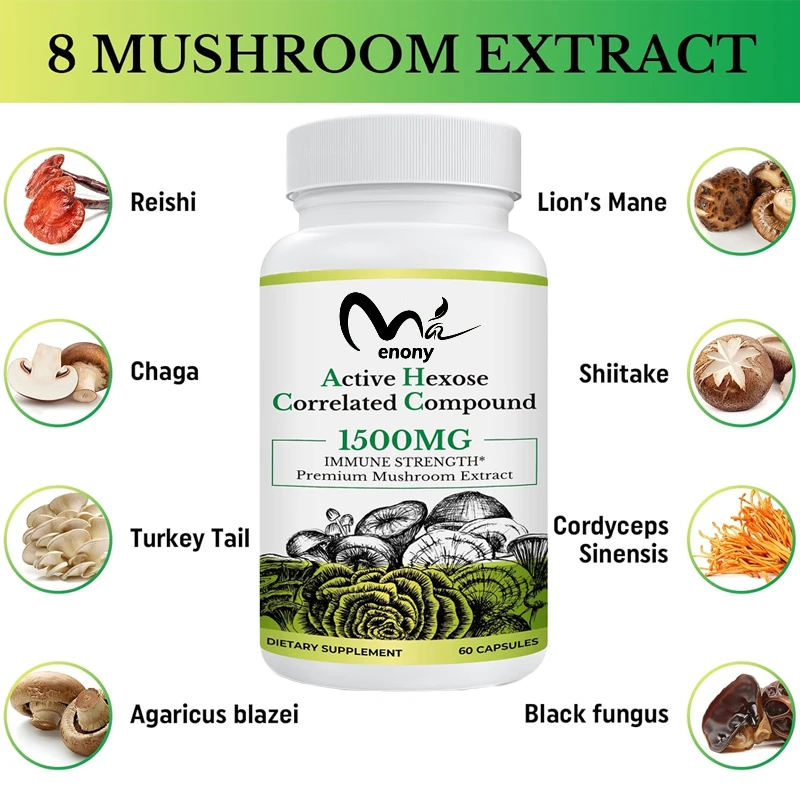 

1500mg supplement of active hexagonal related compounds, natural mushroom extract supplement, immune system, 60 capsules