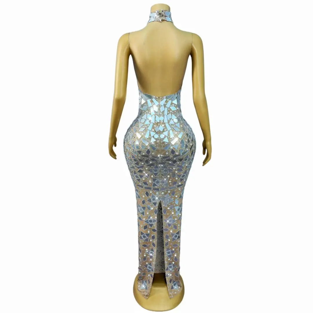 Jingshe Nude Mesh Base Silver Mirror Sequin Floor Length Dress with Rhinestone Accents for Evening Gowns and Red Carpet Events
