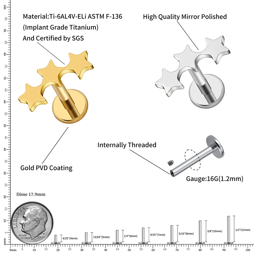 Right Grand ASTM F136 Titanium 16G Tiny Triple Star Helix Cartilage Tragus Earring 3 Star Cluster Lip Stud Flat Piercing Jewelry