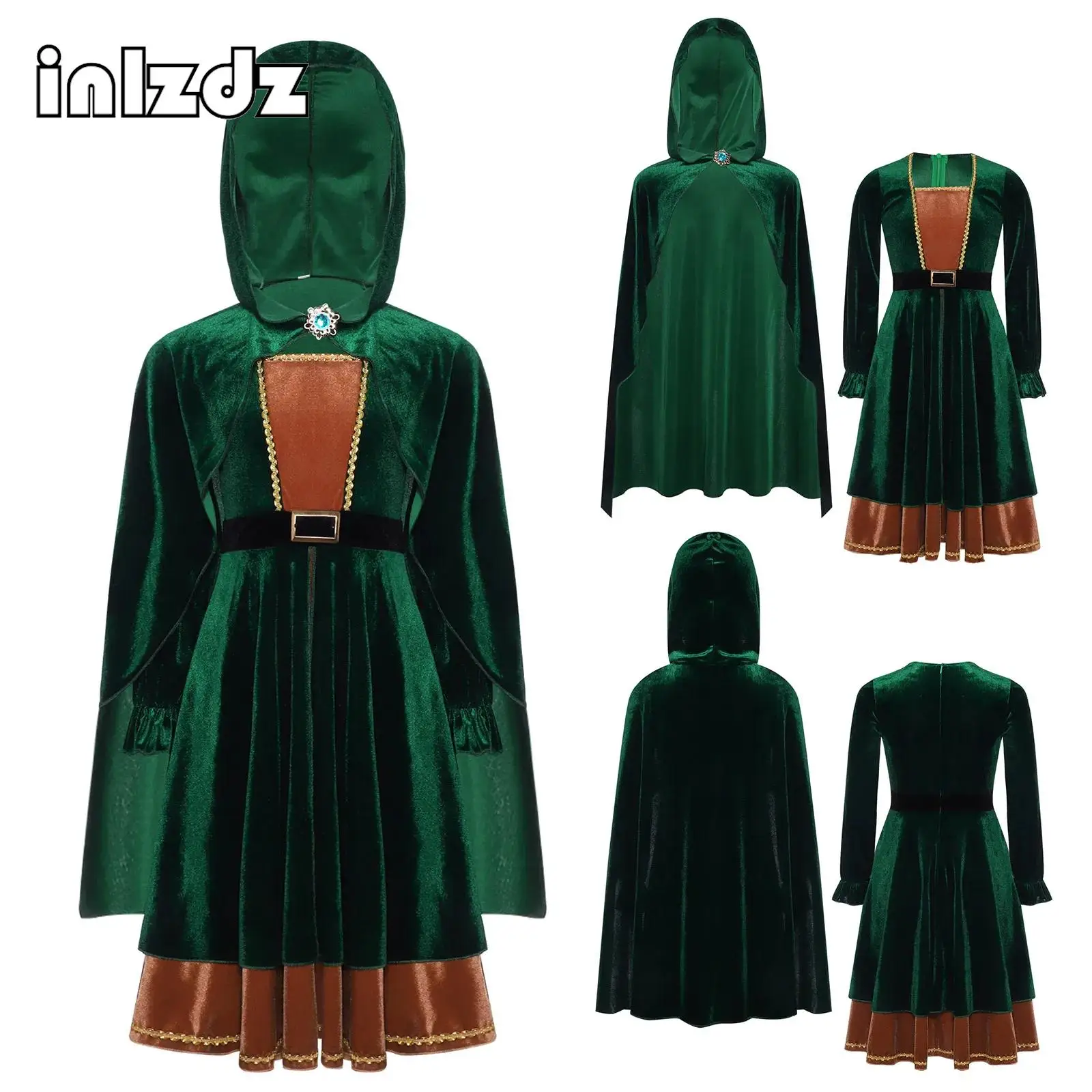 

Girls Jungle Archer Velvet Dress with Hooded Cape Long Sleeve Gem Dress for Fairytale Hunter Halloween Christmas Cosplay Party