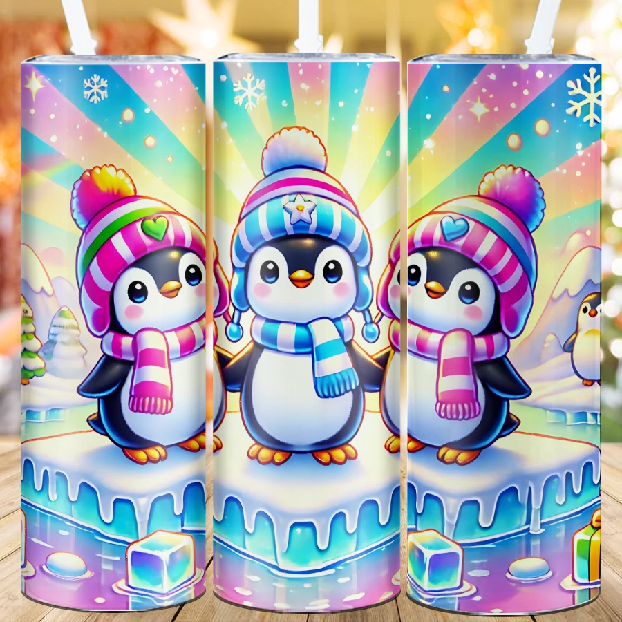 1Pc Coffee Cups Straw Lid 20oz Large Capacity Stainless Steel Insulated Cups 3D Print Penguin Christmas Tumblers Party Supplies