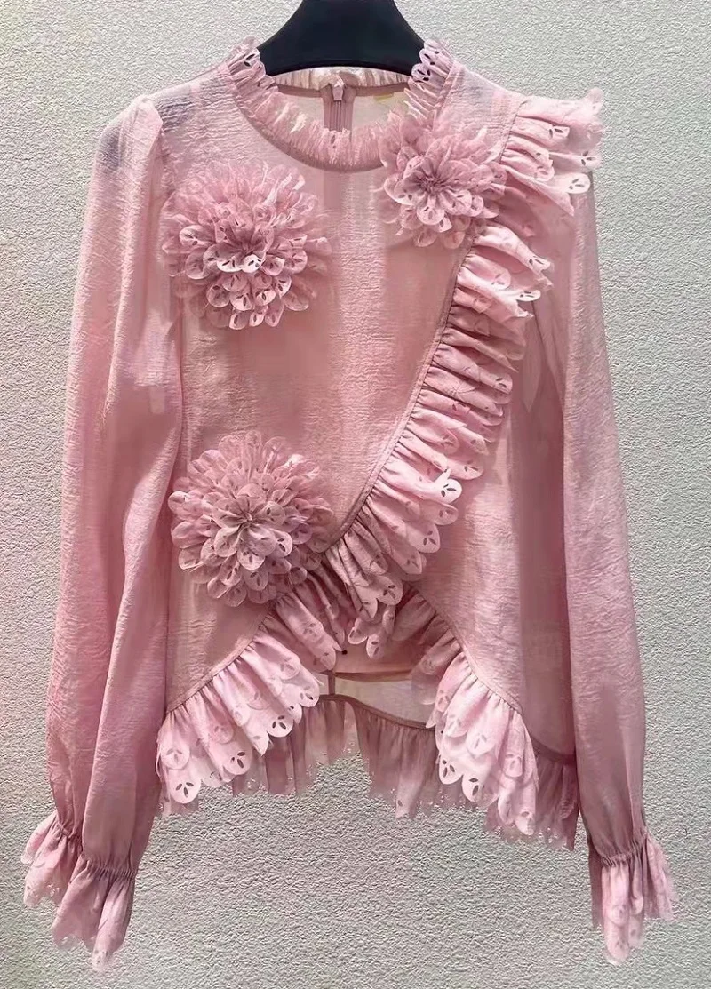 

Top Quality Designer Blouses 2023 Spring Summer Tops Women Appliques Flower Deco Long Sleeve Elegant Party Lady Beige Pink Tops
