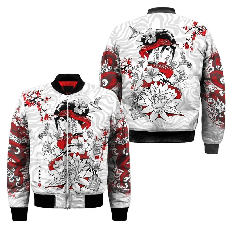 3D Printed New Samurai Oni Mask Tattoo Mens Bomber Jacket Casual Spring Autumn Vintage Zipper Jacket Unisex Clothing Streetwear view 4