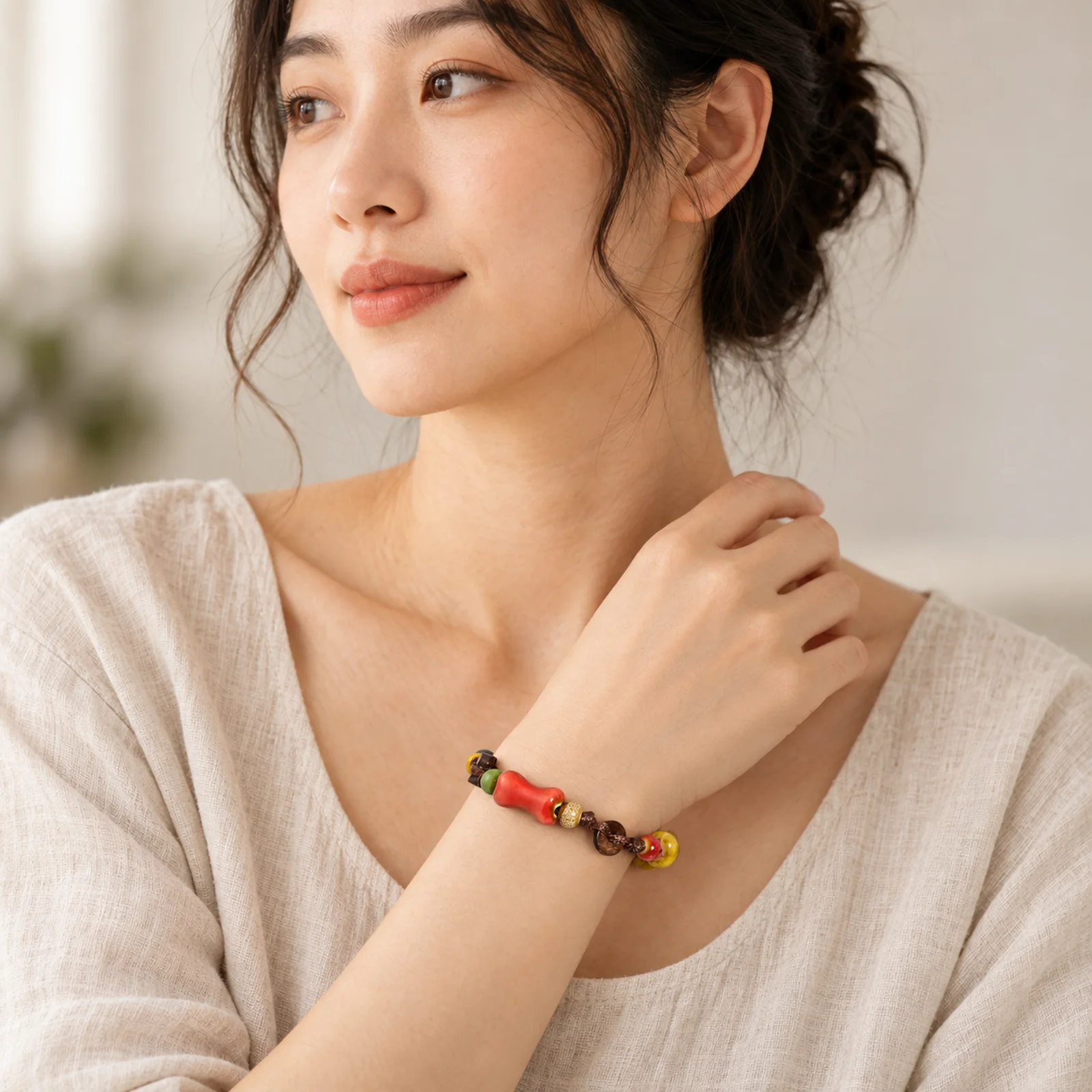 Colorful Glazed Ceramic Ruyi Handmade Bracelet Adjustable Waxed Cord Handwoven Wooden Bead Jewelry Fu Character Charm 609P4-18