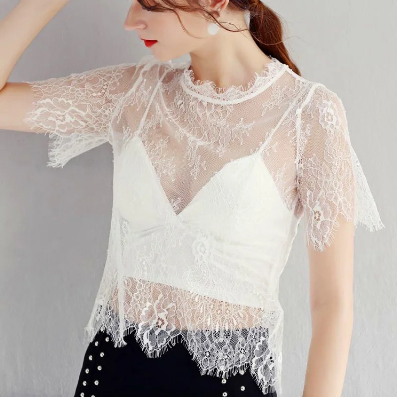 Summer Women Lace Floral Embroidery Blouses Shirt Ladies Tops Sexy Mesh Blouses Transparent Elegant See-through Black Shirt