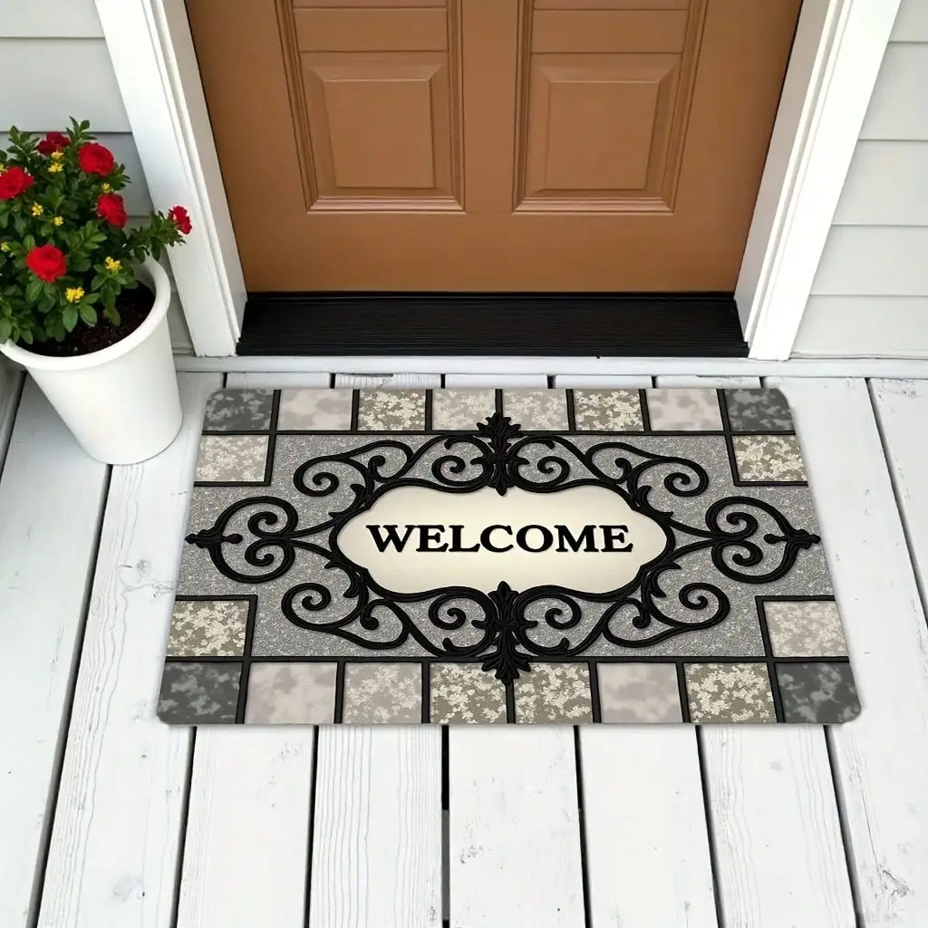 1pc 2D Flat Printing Flannel Material Door Mat, Outdoor Courtyard Door Mat, 1pc Welcome Door Mat - Stone Texture Design, Machine Washable Indoor/Outdoor Mat