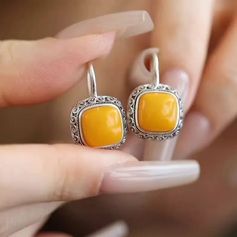 

silver 925 Tang Grass Auspicious Cloud Honey Wax earrings for women Retro Embossed yellow and red Square Earings Jewelry
