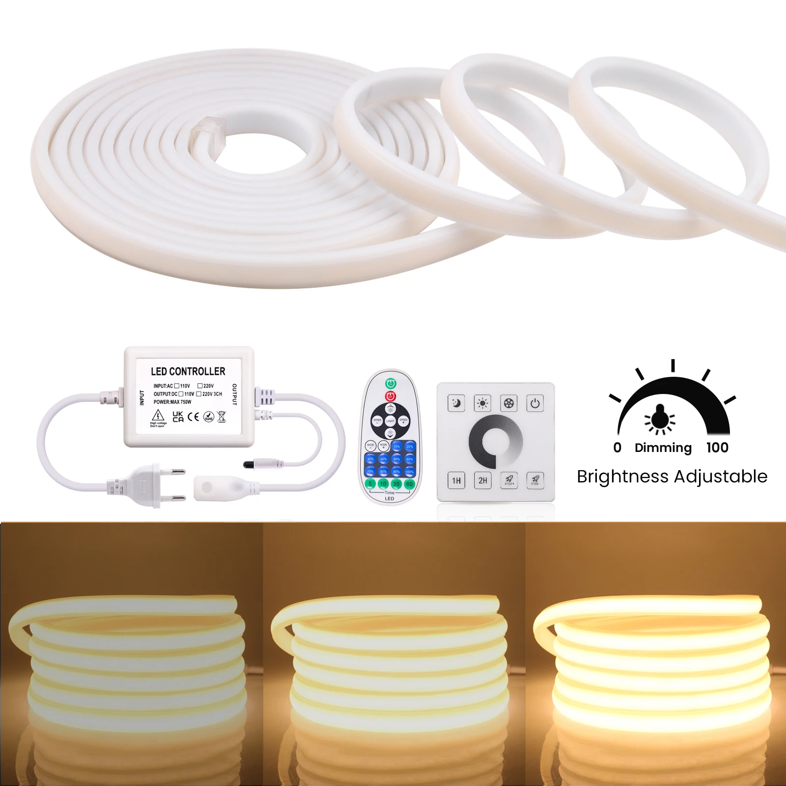 

220V COB LED Strip 288LEDs/M Remote/Wall Touch Panel Control Flexible COB Strip Lamp Dimmable Led Ribbon for Home Lighting Decor