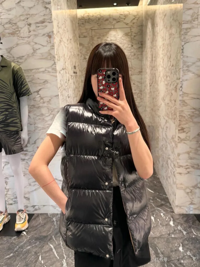 2024 New Winter Fashion 90% Goose Down Vest Coat Women Turtleneck Sleeveless Striped Stitching Solid Casual Warm Tank Jacket