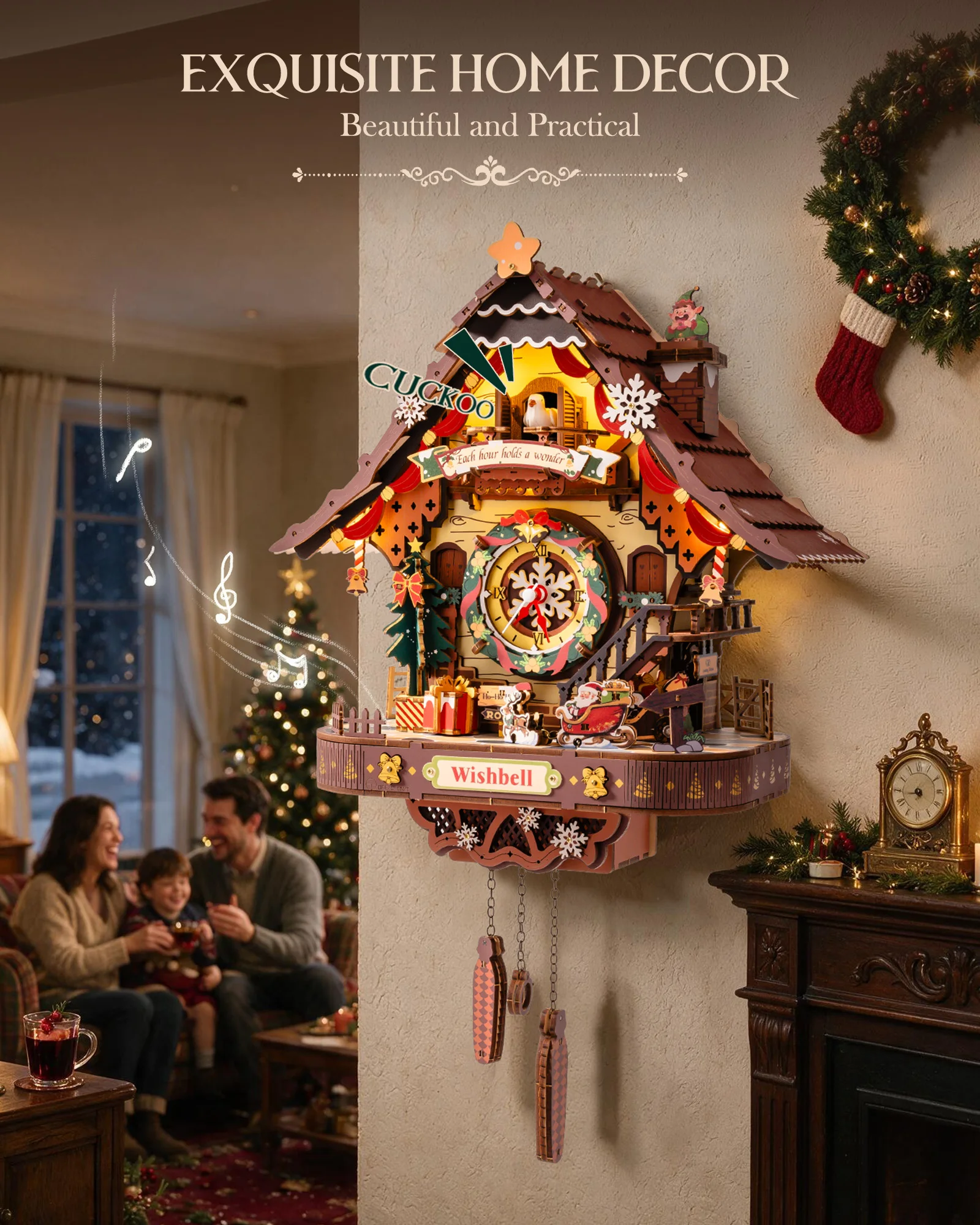 ROKR Christmas Cuckoo Clock 3D Wooden Puzzle Wall Decor Kit Santa Wall Clock Wooden Christmas Decoration Holiday Cottage Decor