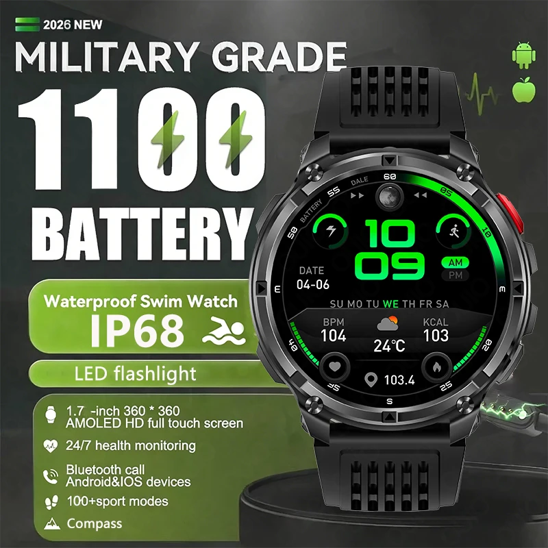 

2026 New Military Smart Watch 1100mAh Battery 1.7 Inch Screen Flashlight IP68 Waterproof Compass Bluetooth Call Smart Watch Men