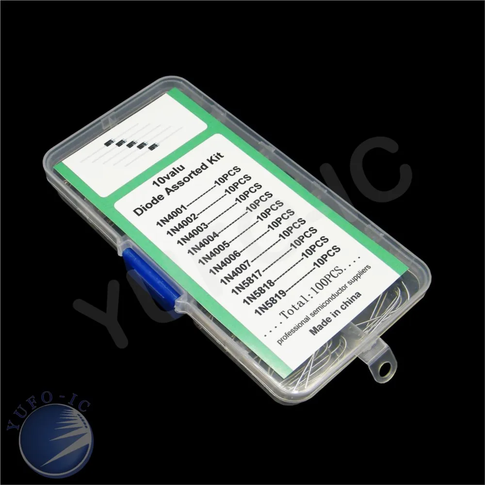 10Value*10pcs=100pc Rectifier Diode Kit Box 1N4001 IN4002 1N4003 1N4004 1N4005 1N4006 1N4007 1N5817 1N5818 1N5819 Assorted Mix 