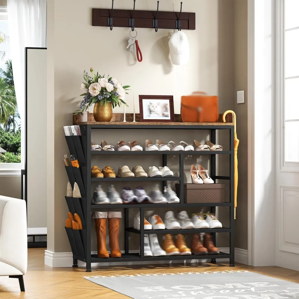 Metal Shoe Rack for Entryway with Boots Storag Shoes Rack Wooden Top and Side Pocket for Entry, Entrance, Hallway, Black