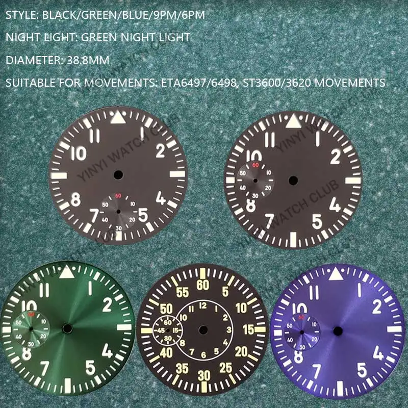 ナイトライト付き時計、ムーブメントウォッチフェイス、eta6497、6498、st3600、st3620、グリーン、ブラック、パープル、38.8mmに適しています