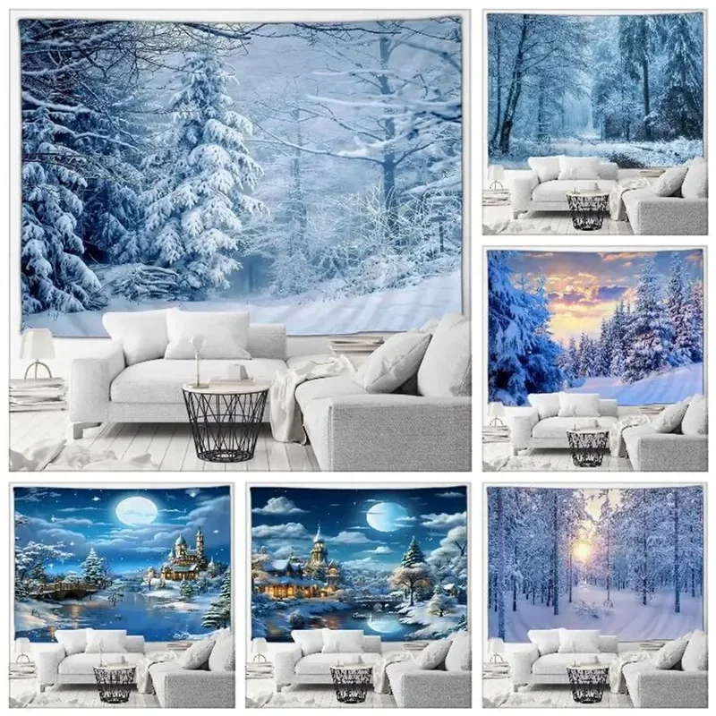 Winter Snowy Outdoor Landscape Tapestry Beautiful Forest Castle Home Patio Wall Hanging Art Deco Blanket Living Room Mural