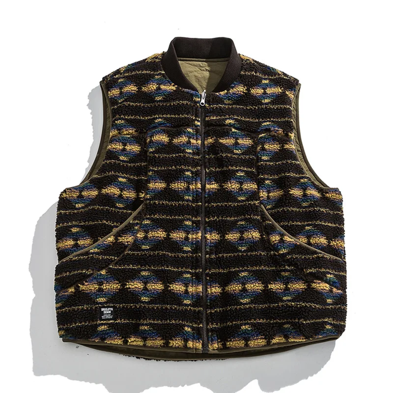 ACOMOSON Fall Winter Retro Ethnic Unisex Loose-Fit Thick Warm Work Reversible Vest Jacket Travel Holiday Street Outdoor Vest