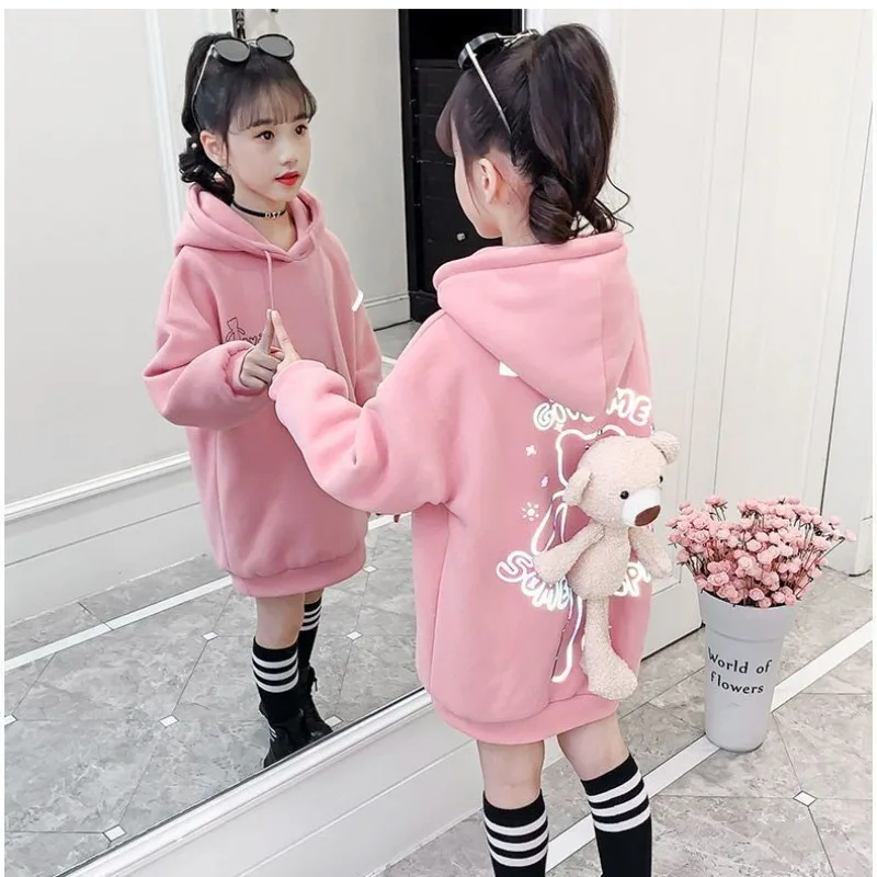 

Girls' 2025 New Autumn/Winter Fleece-Lined Thickened Red Festive Bear Hooded Sweatshirt - Middle & Big Kids Top