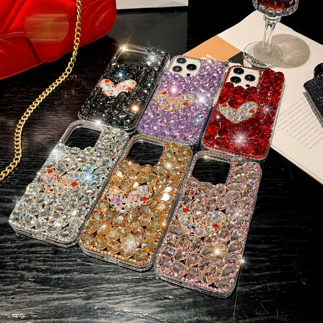 Cute Colorful Rhinestone Love Heart Cover, Full Crystal Case, for Samsung S23, S22, S21, S24 Ultra, Note20, A72, A73, A52, A82