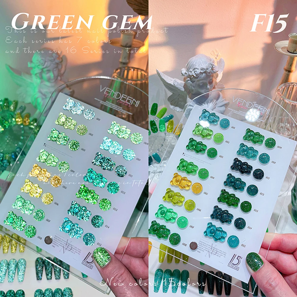 Vendeeni-esmalte de uñas en Gel, 15 colores, brillo esmeralda, diamante roto, UV LED, verde oscuro, reflectante, brillante