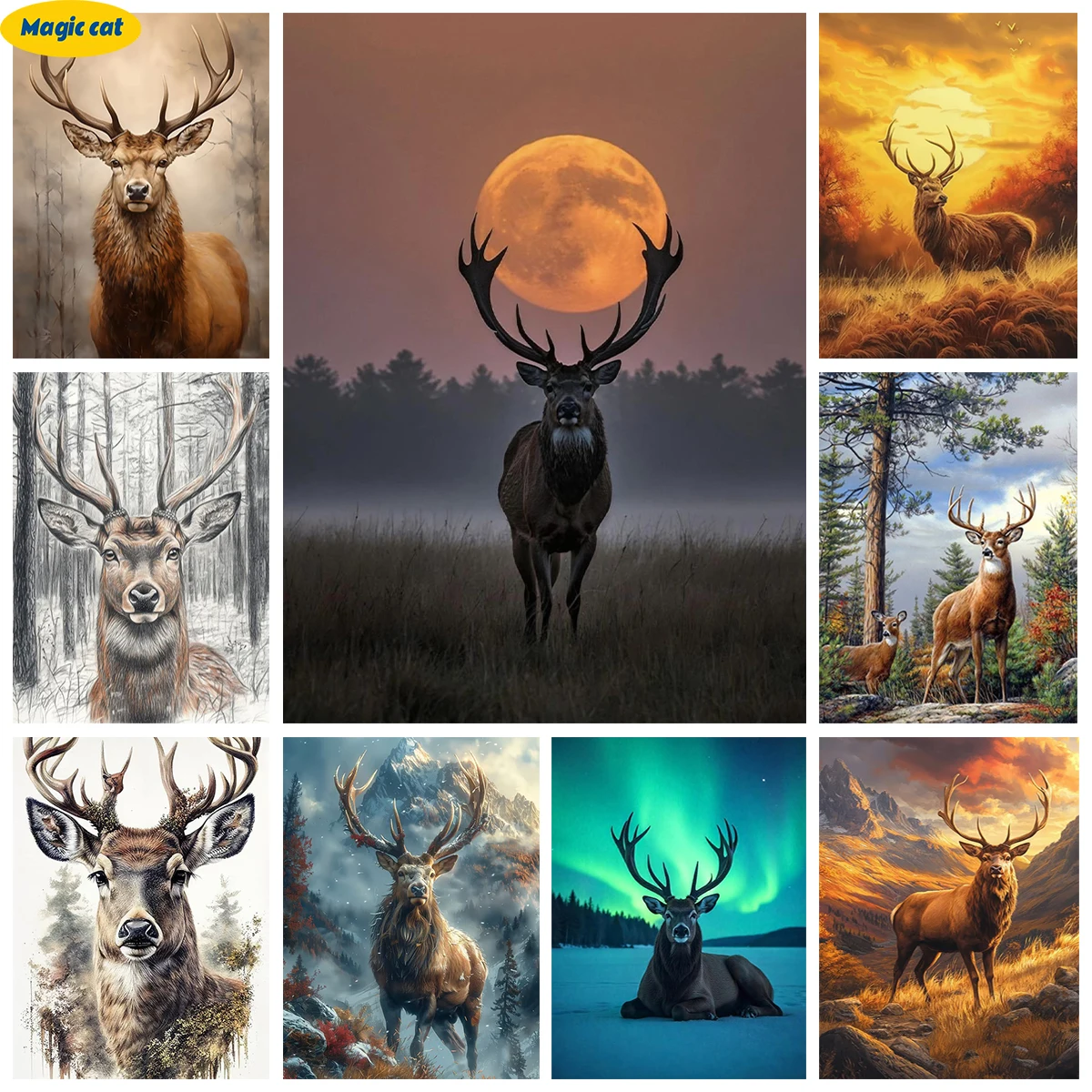 

5D Diamond Painting Kit Elk Deer Moose Landscape Painting DIY Full Circle Diamond Embroidery Modern Fashion Room Decor Gift